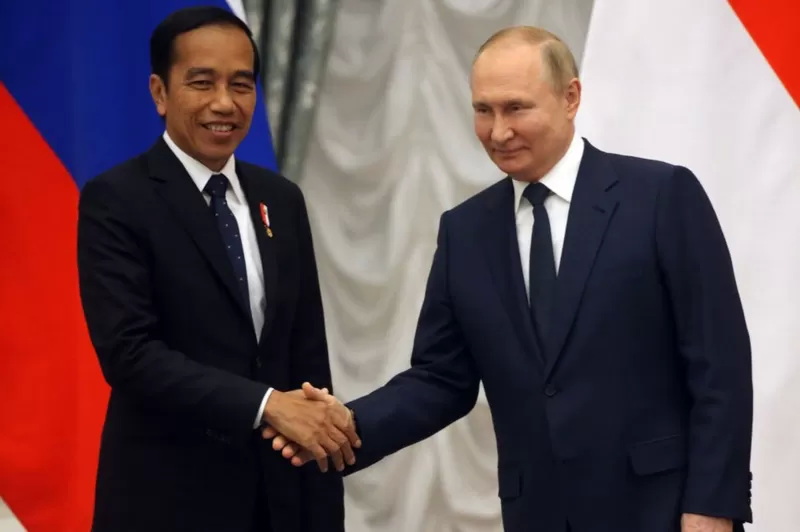 Russian President Vladimir Putin (R) shakes hands with Indonesian President Joko Widodo